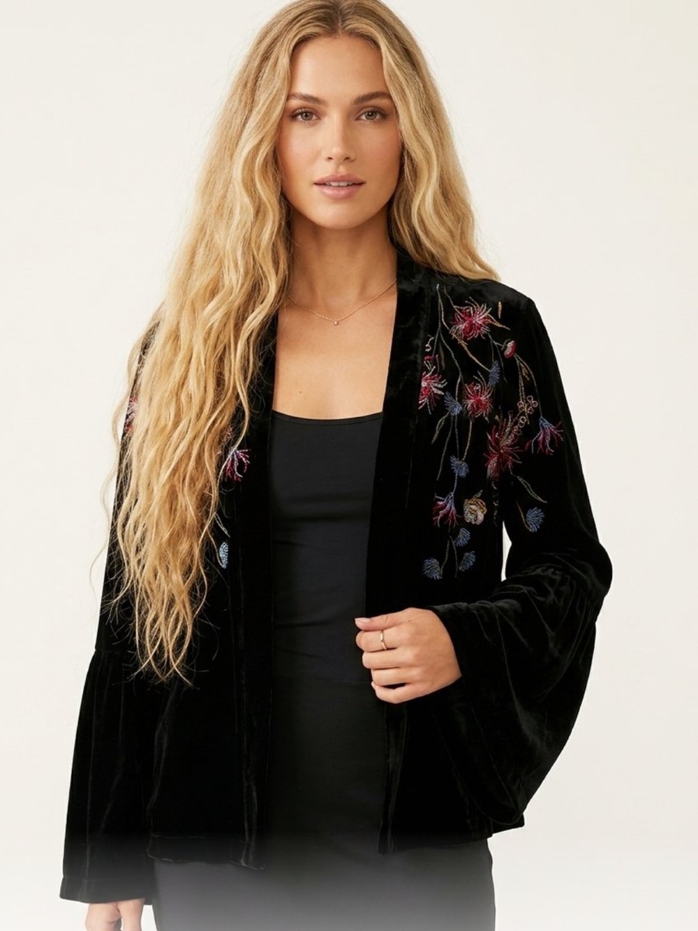 Mystree Black Velvet Embroidered Bell-Sleeve Cardigan with Floral Accents